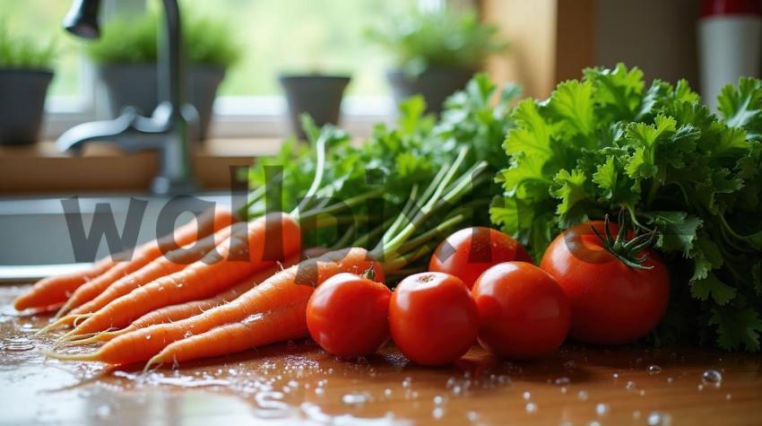 Fresh Carrots and Tomatoes on Kitchen Counter