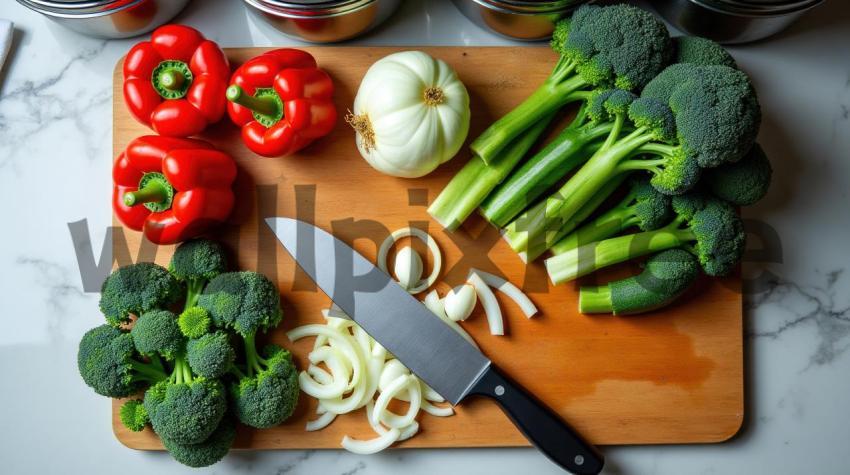 Vegetables On Cutting Board With Knife