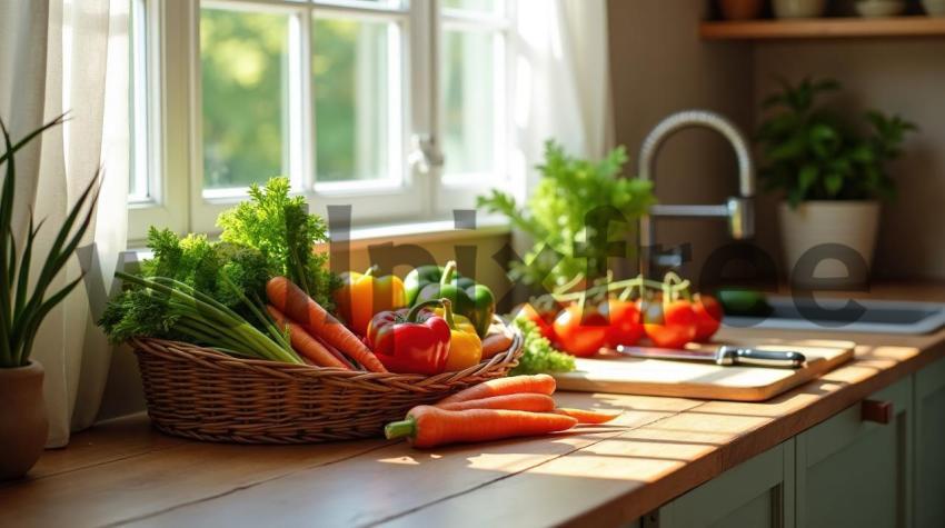 Fresh Vegetables in Sunlit Kitchen