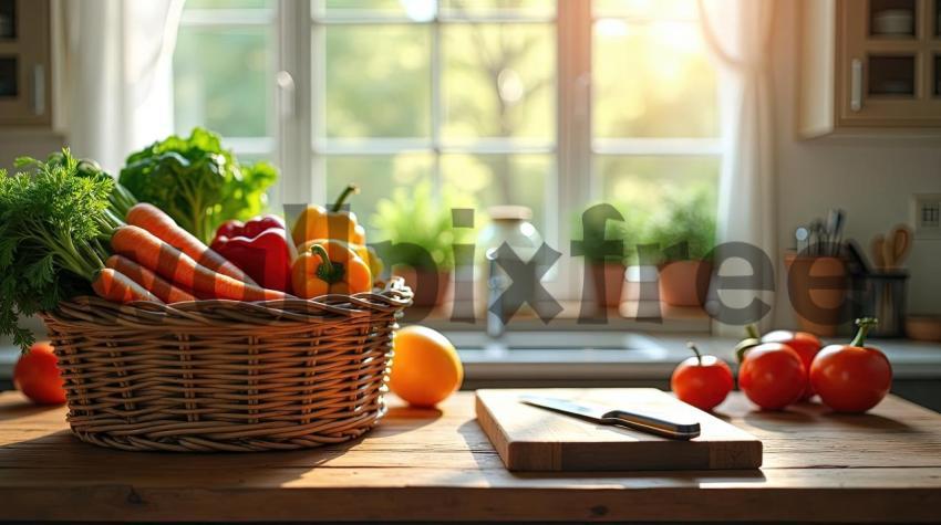 Basket Of Fresh Vegetables In Sunlit Kitchen