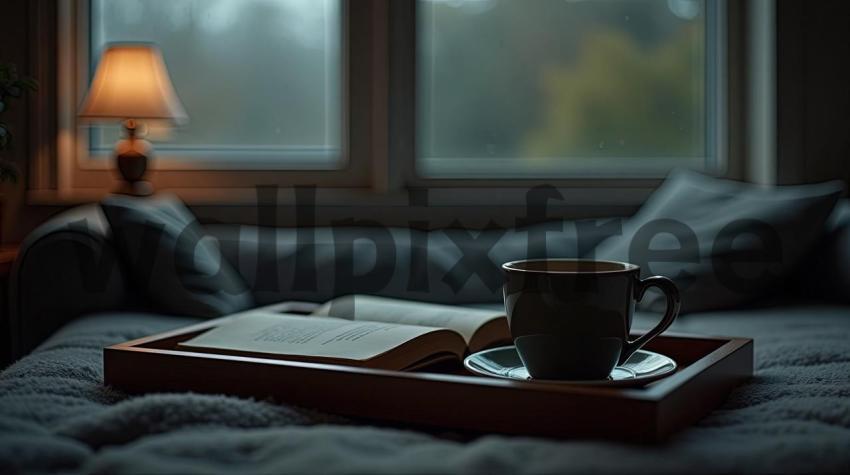 Cozy Reading Nook with Coffee and Lamp