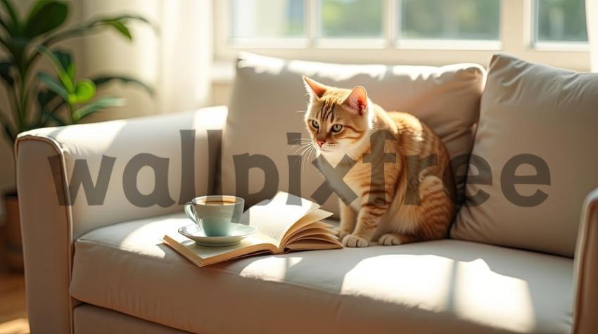 Cat Relaxing with Coffee and Book on Sofa