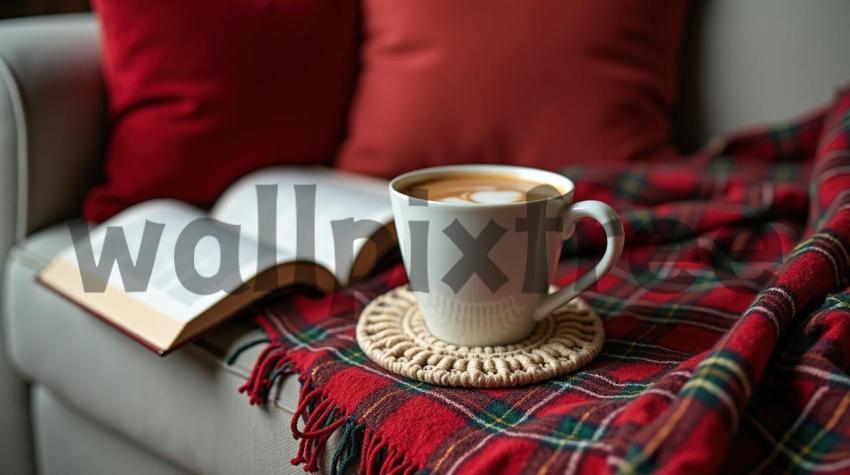 Cozy Coffee and Book on Sofa