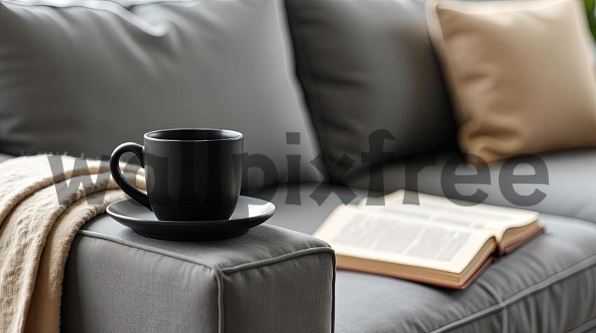 Cozy Coffee and Book on Sofa