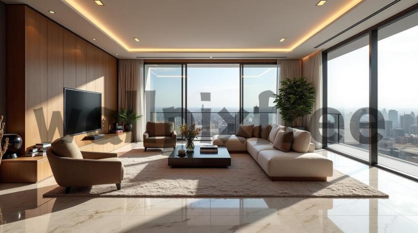 Modern Living Room with City View