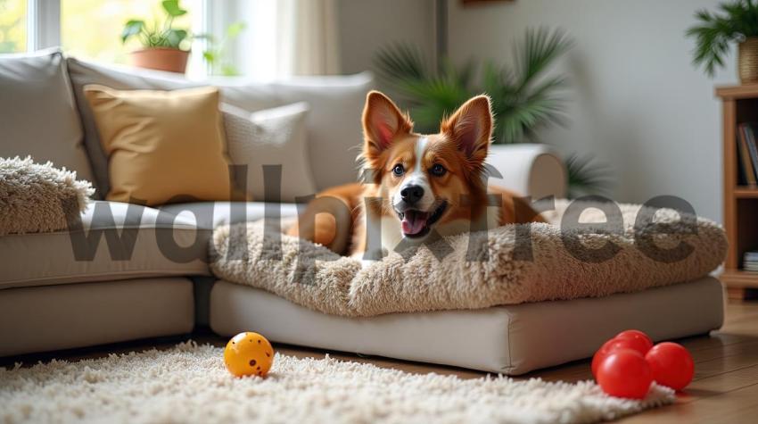 Dog Relaxing on Cozy Sofa with Toys