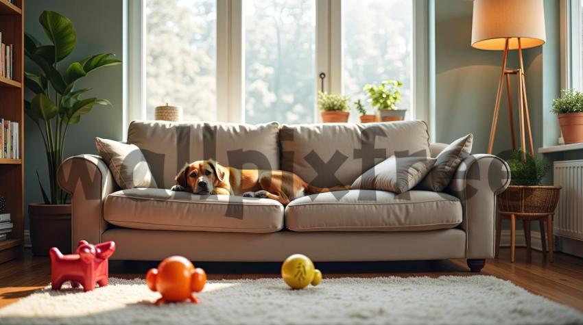 Dog Relaxing on Sofa in Cozy Living Room