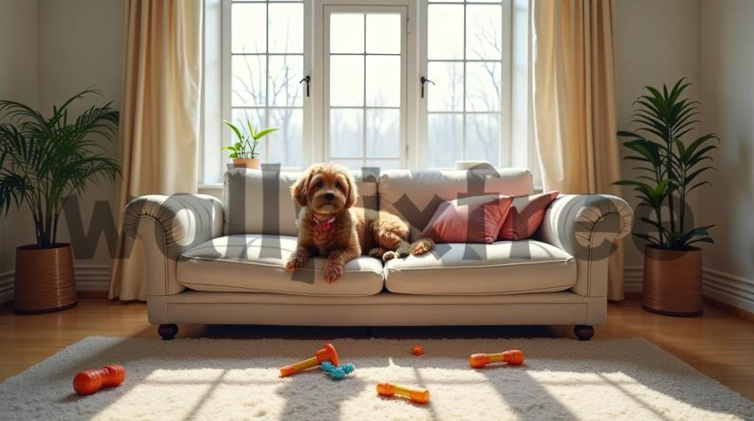 Dog Relaxing on Sofa in Sunlit Living Room