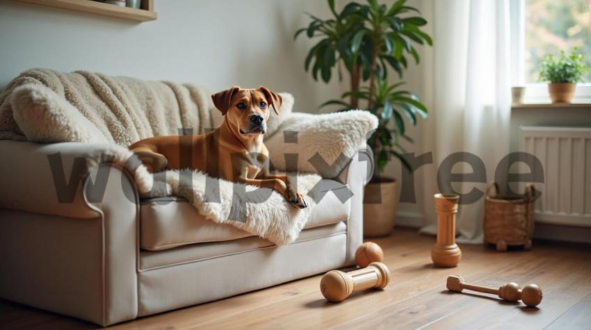 Dog Relaxing on Sofa in Cozy Living Room