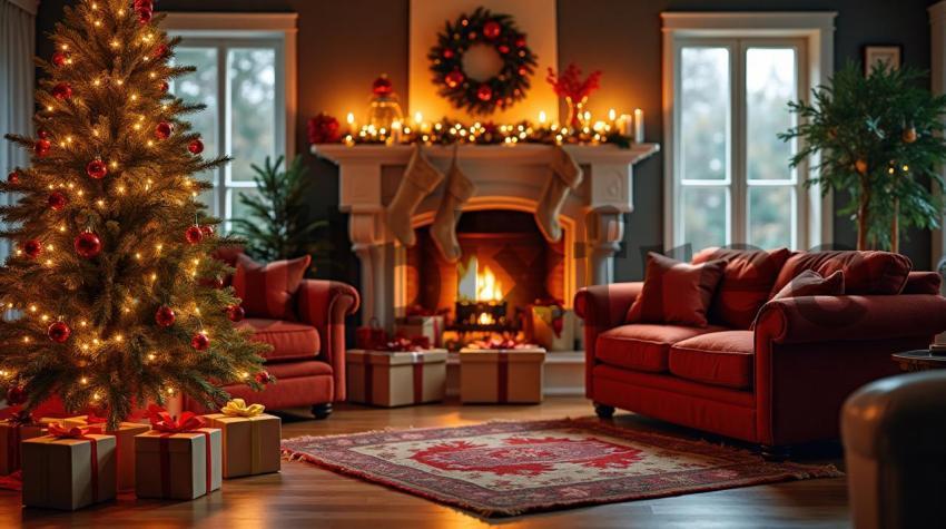 Cozy Christmas Living Room with Tree and Fireplace