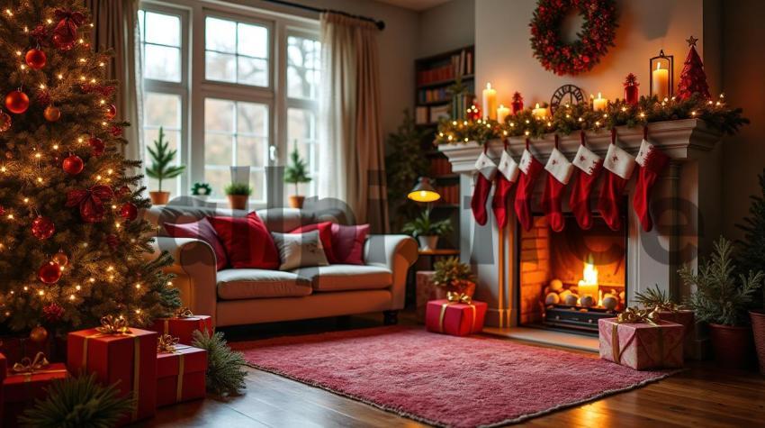 Cozy Christmas Living Room with Fireplace and Tree