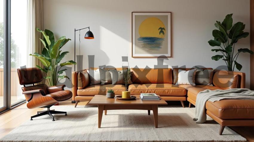 Modern Living Room with Leather Sofa and Plants