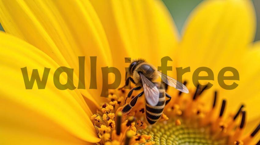 Bee On Sunflower Close Up