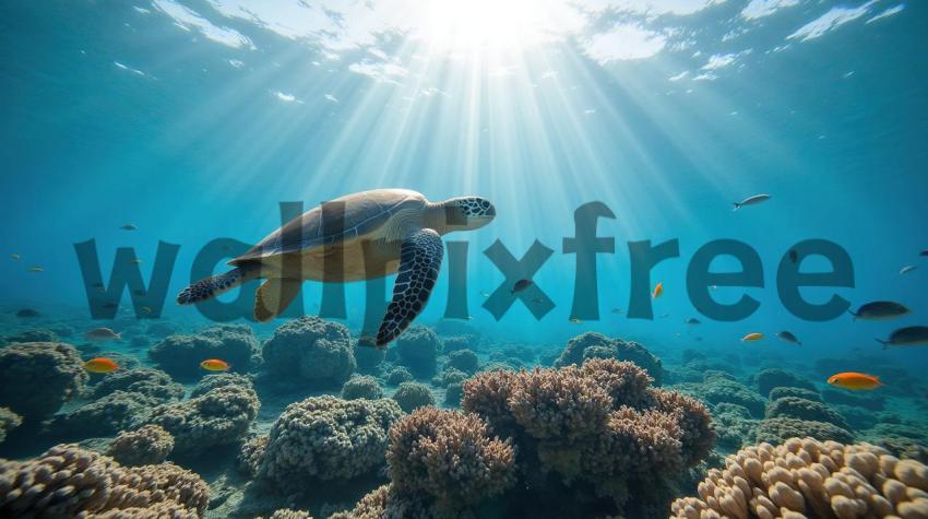 Sea Turtle Swimming Over Coral Reef