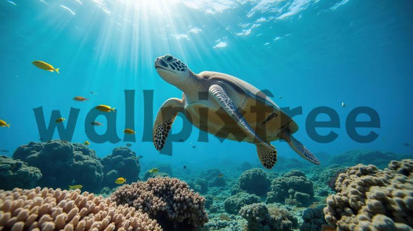 Sea Turtle Swimming in Coral Reef