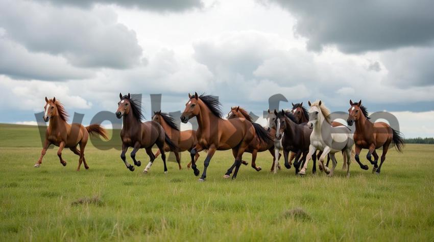 Herd Of Horses Running In Grassland