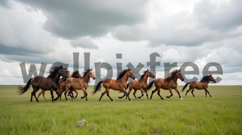 Horses Running in Grassland