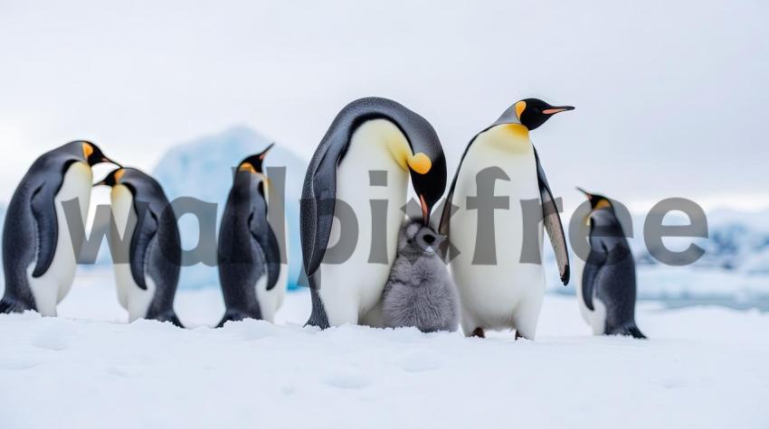 Emperor Penguins with Chick in Snow