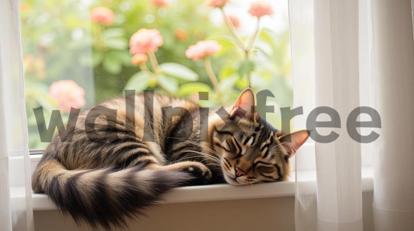 Cat Sleeping on Window Sill with Flowers