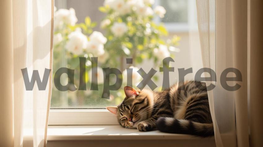 Cat Sleeping on Sunny Windowsill