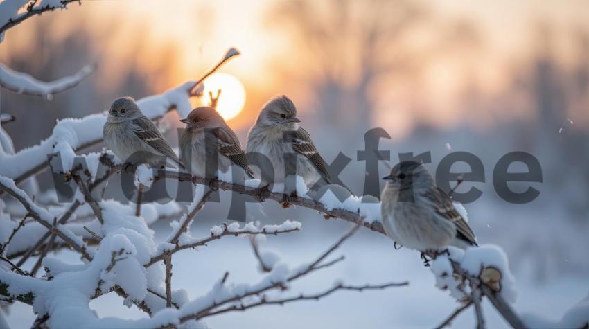 Birds Perched on Snowy Branch at Sunrise