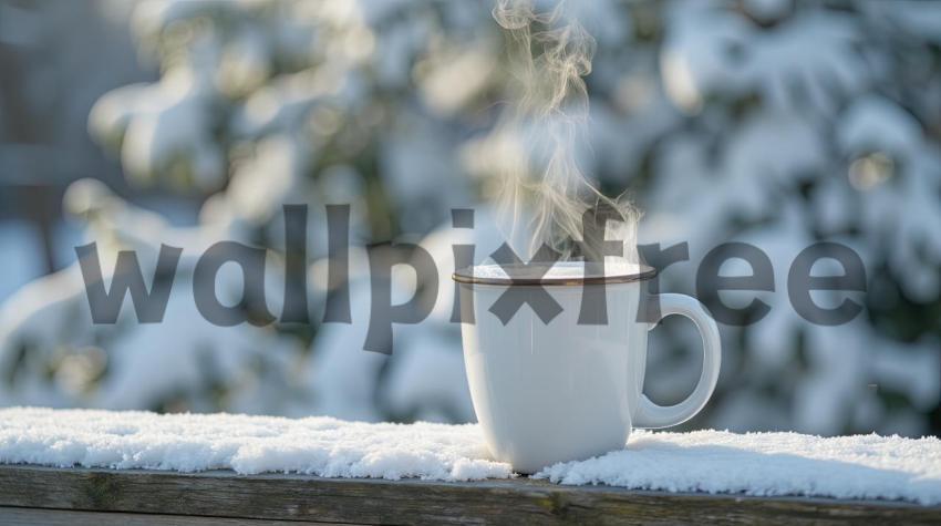 Steaming Coffee Mug in Snowy Setting