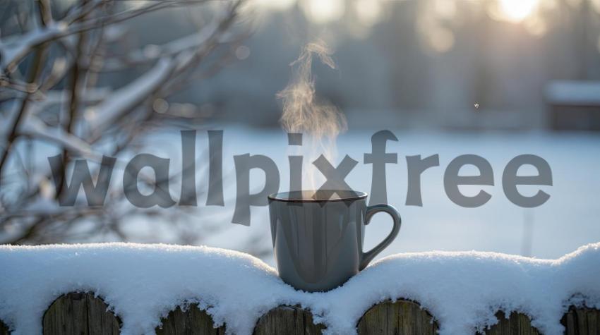 Steaming Coffee Mug on Snowy Fence