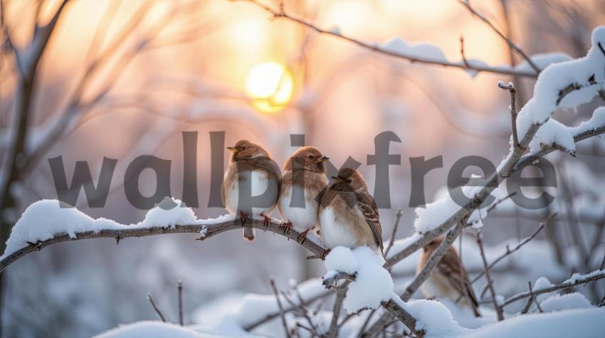 Birds Perched on Snowy Branch at Sunrise