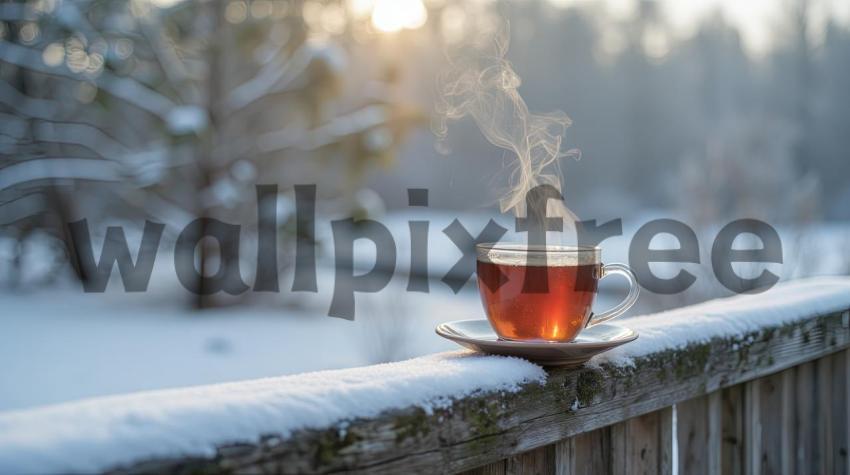 Steaming Tea Cup on Snowy Railing