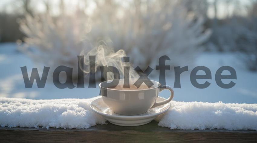 Steaming Coffee Cup in Snowy Landscape