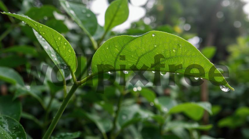 Leaf With Raindrops Close Up