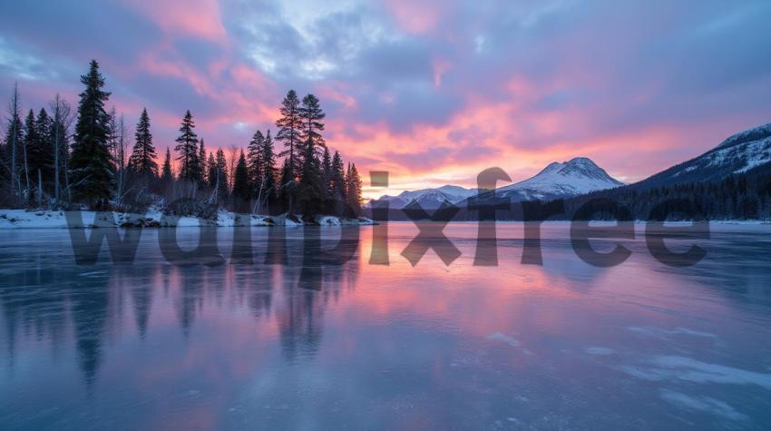 Winter Sunset Over Frozen Lake