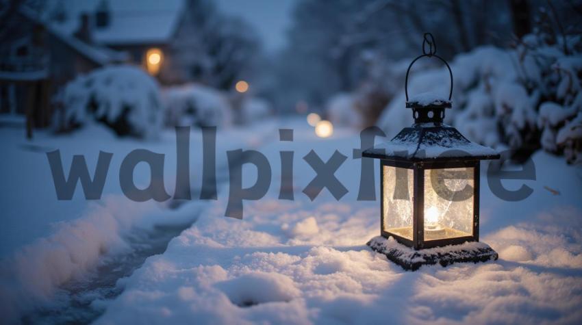 Snowy Pathway with Lantern at Dusk