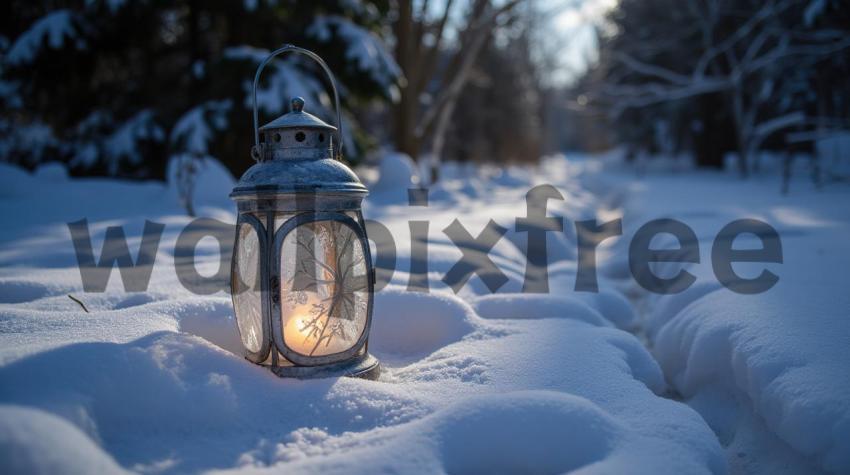 Lantern In Snowy Winter Landscape