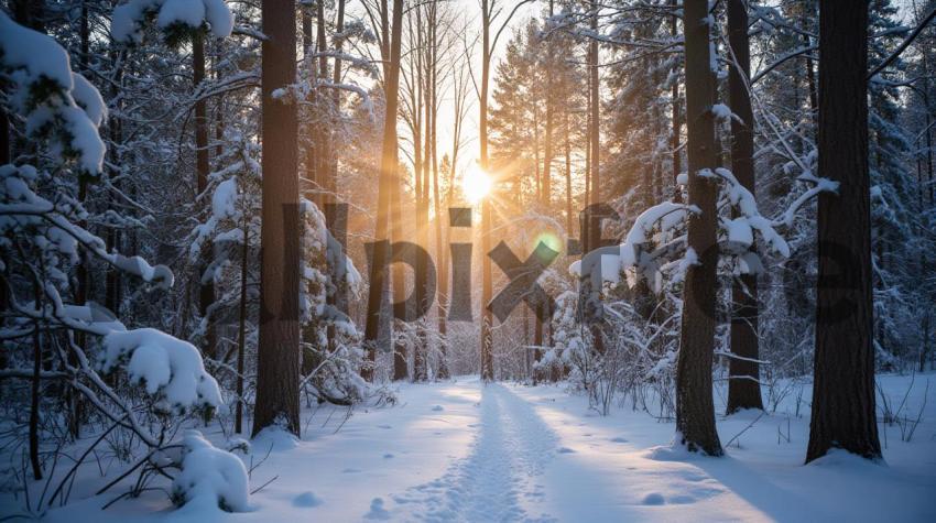 Sunrise In Snowy Forest