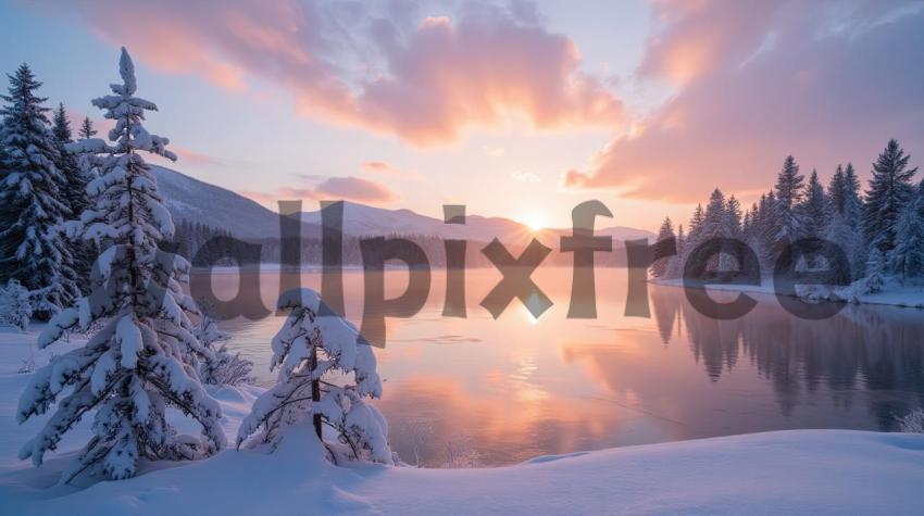 Snowy Sunrise Over Lake