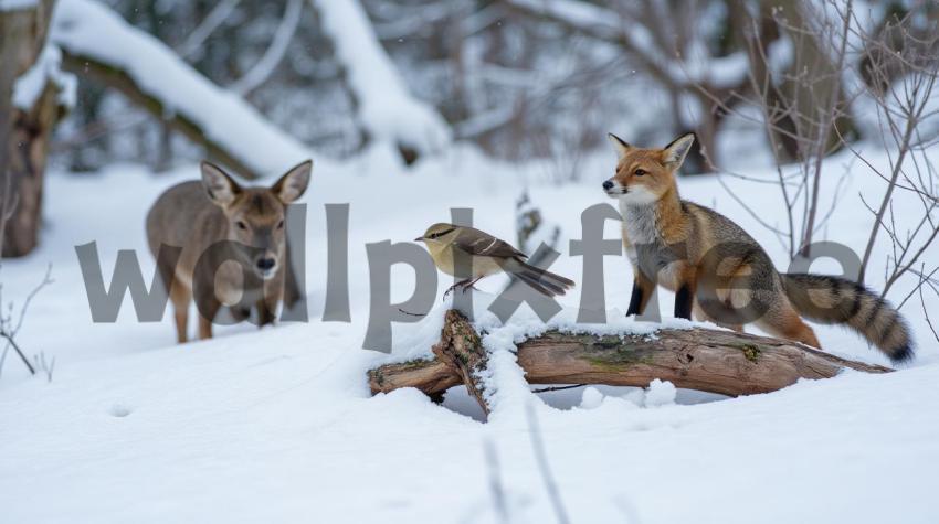 Fox, Deer, and Bird in Snowy Forest