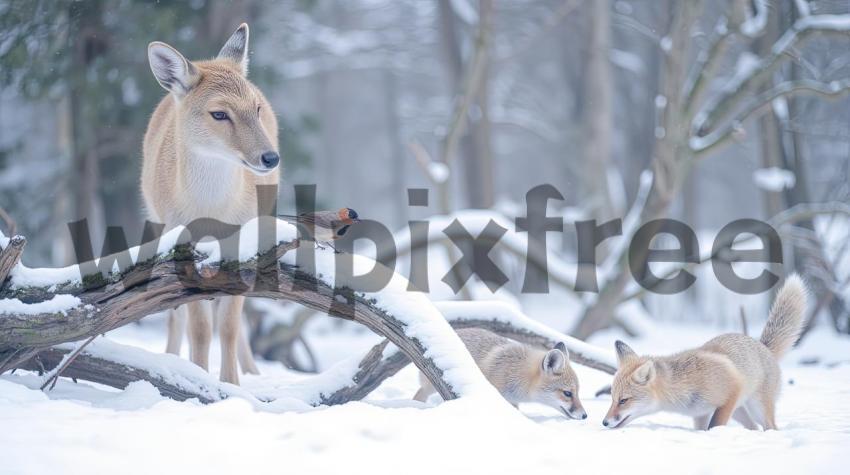 Winter Wildlife Scene with Foxes and Bird