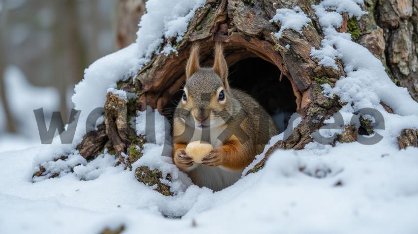 Squirrel Holding Nut in Snowy Forest