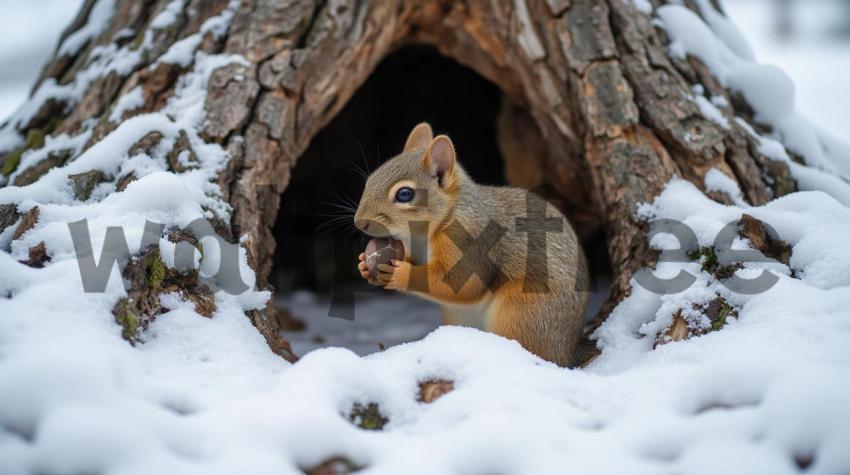 Squirrel Holding Nut in Snowy Forest