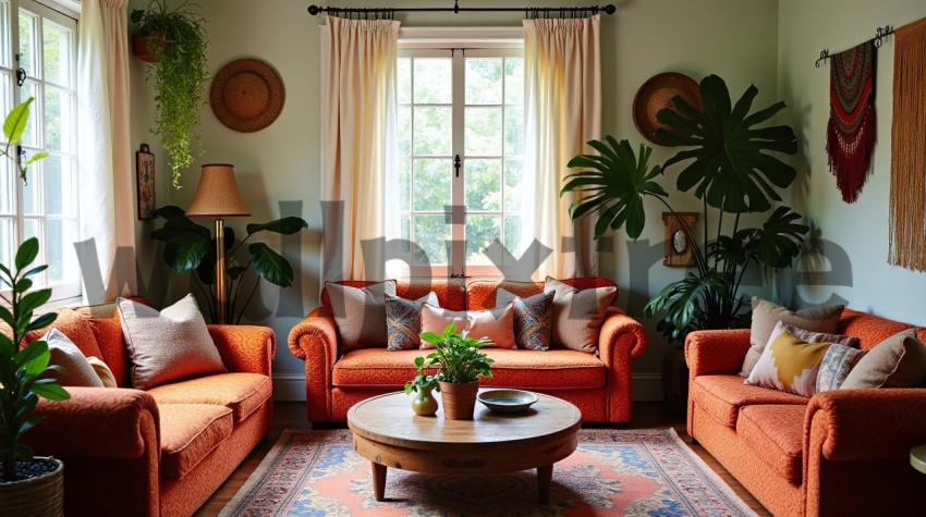 Cozy Living Room with Orange Sofas and Plants