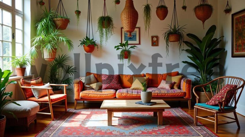 Bohemian Living Room with Orange Sofa and Plants