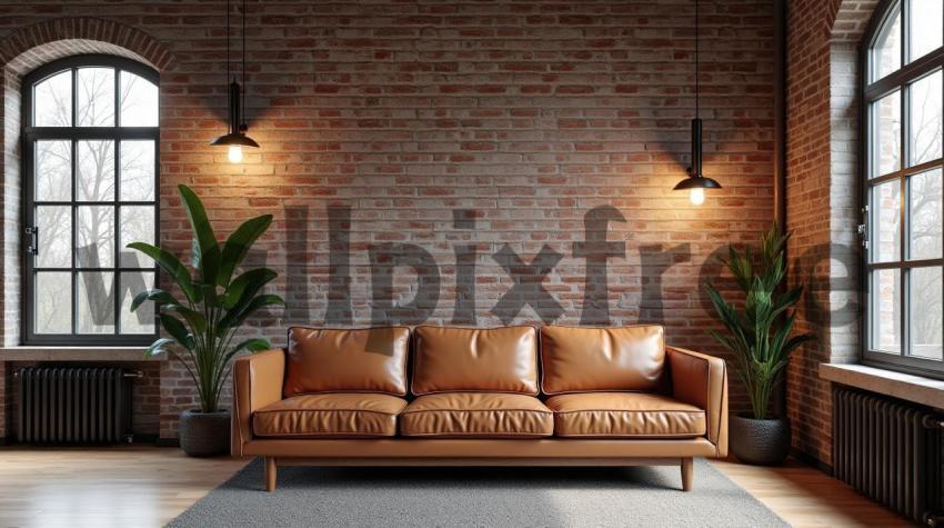 Modern Living Room with Leather Sofa and Brick Wall