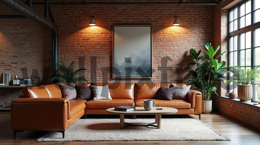 Modern Loft Living Room with Leather Sofa