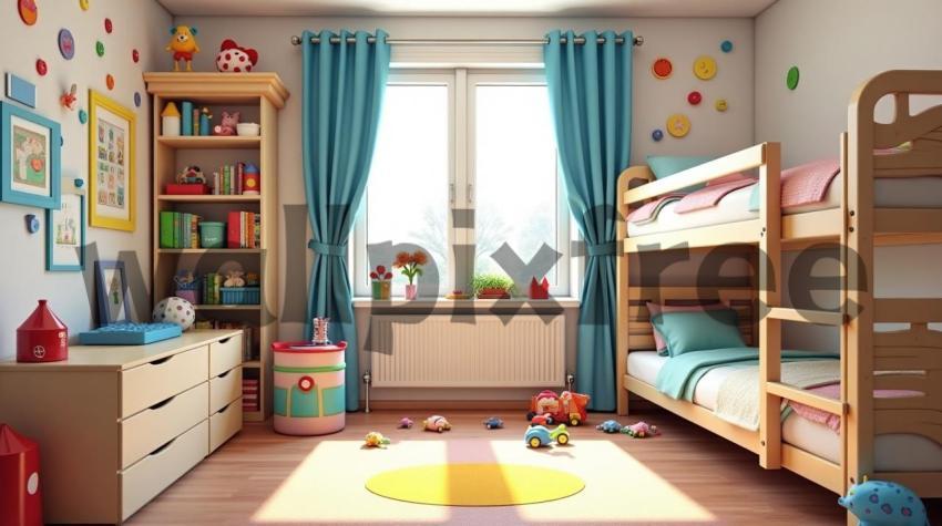 Colorful Children's Bedroom with Bunk Bed and Toys