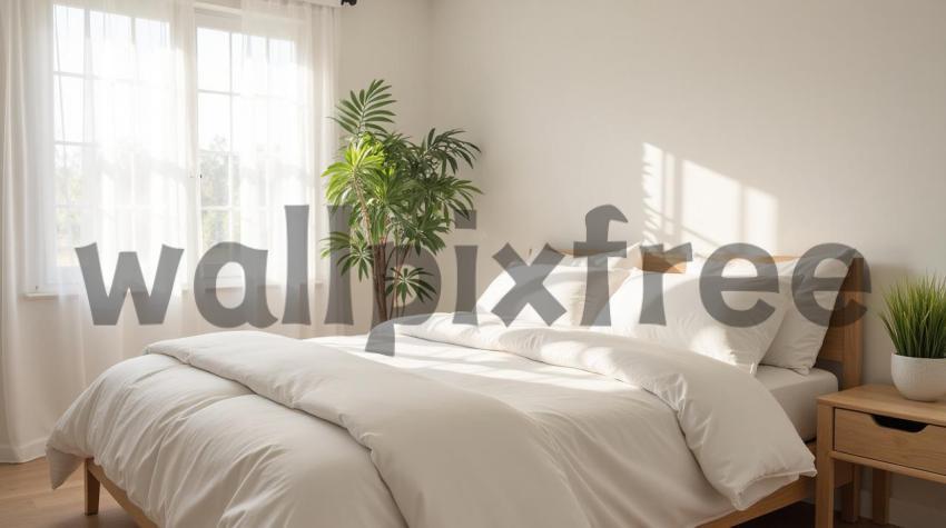 Minimalist Bedroom with White Bedding and Plants