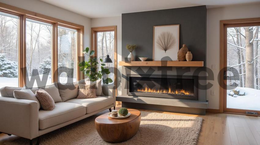 Cozy Living Room with Fireplace and Winter View