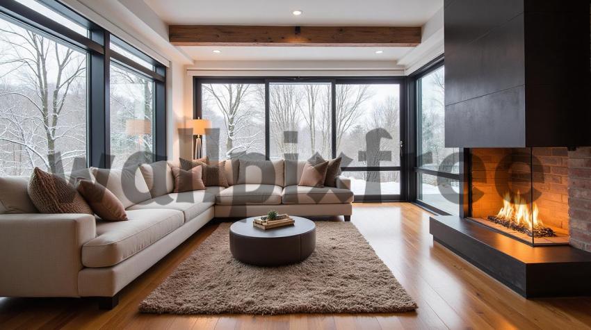 Modern Living Room with Fireplace and Winter View