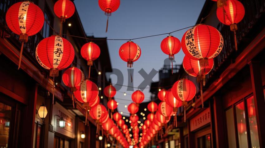 Red Lanterns Hanging in Street