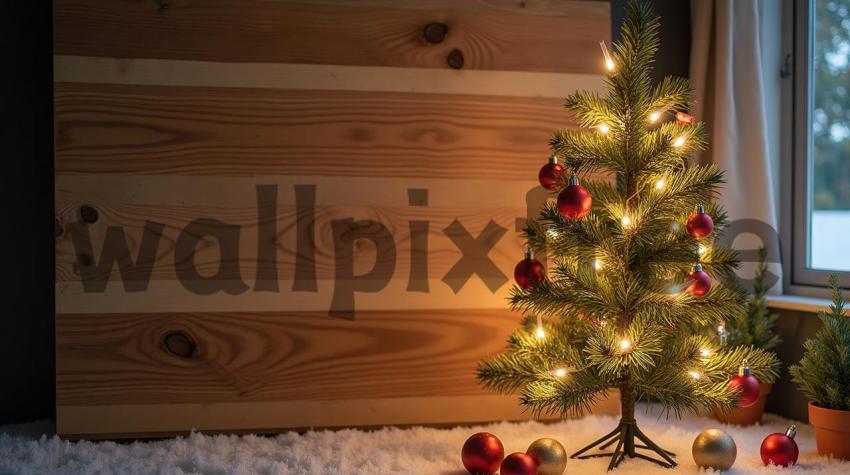 Christmas Tree with Red Ornaments and Lights